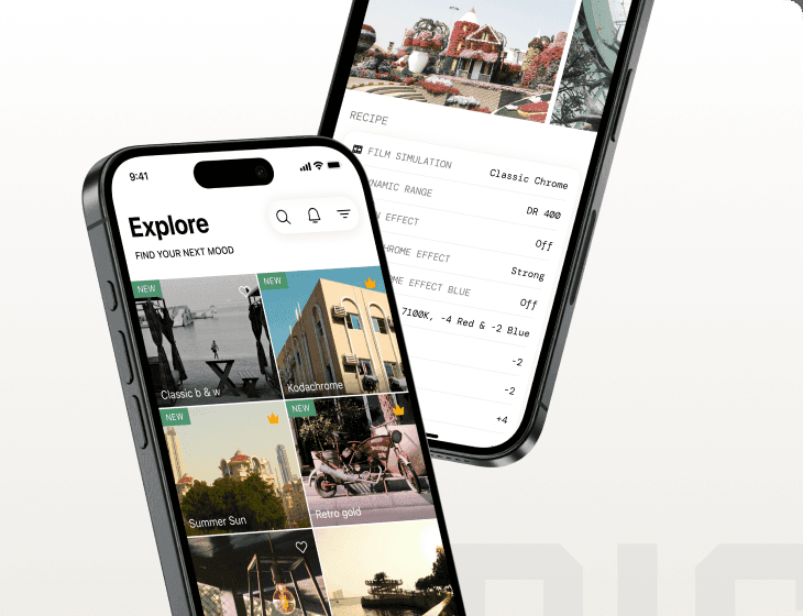 The Fuji Pic app on iPhone, showing the recipe gallery and a recipe's full settings